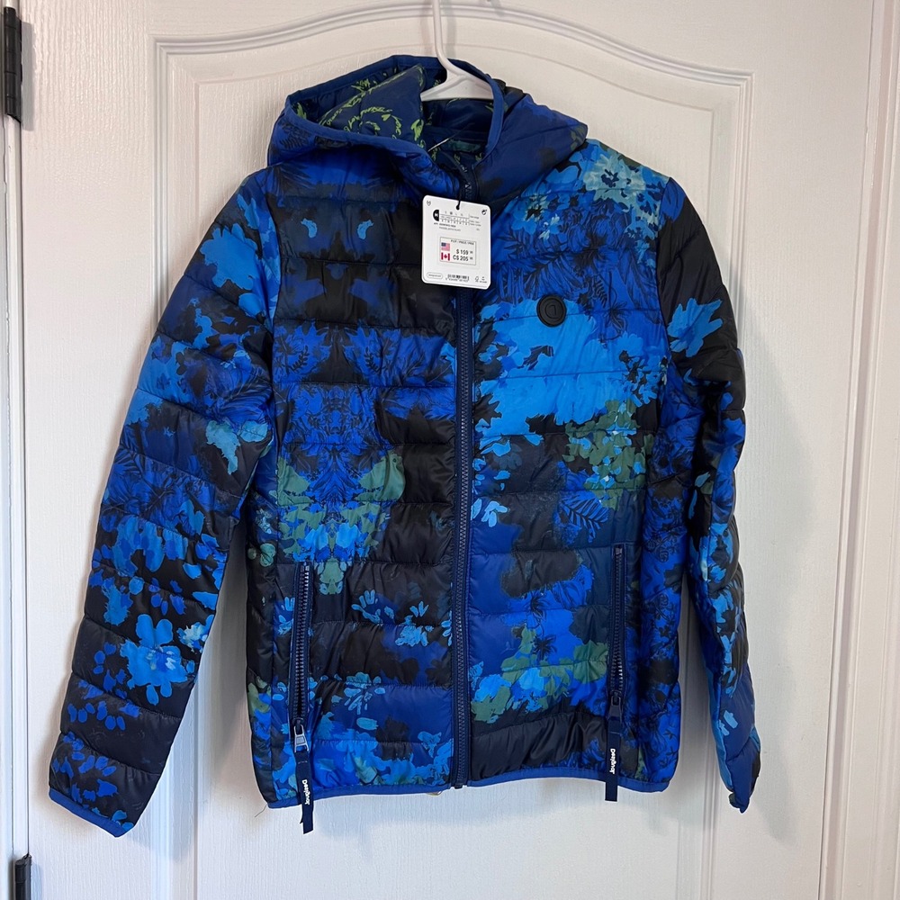 Desigual Padded Estocolmo Blue Floral Hooded Puffer Jacket Womens Size S New